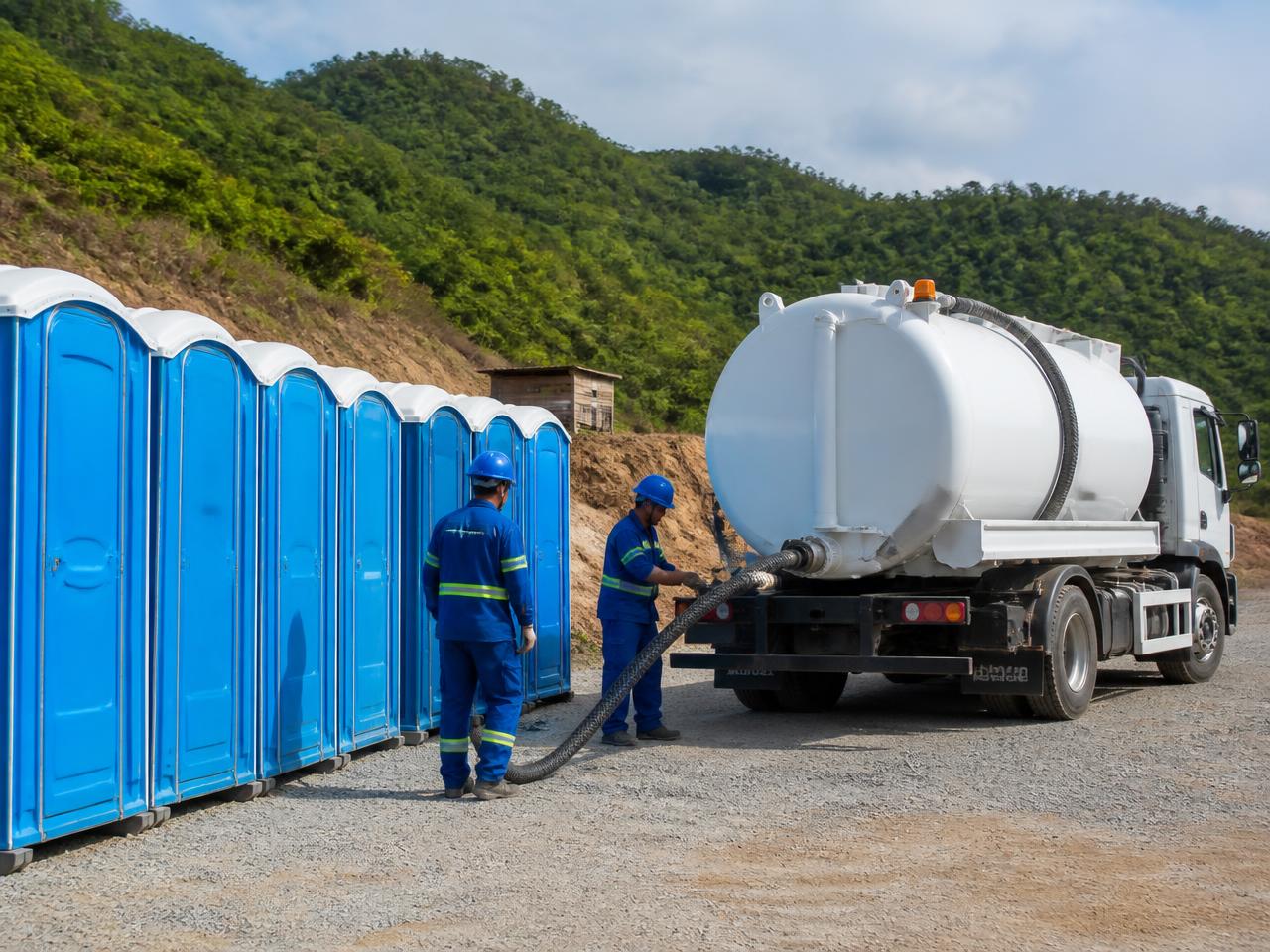 Equipe Sanemax realizando manutenção em banheiros químicos com caminhão de sucção